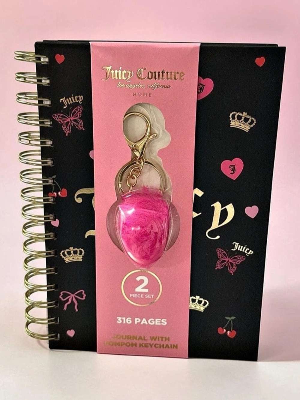 Juicy Couture Home Journal with Pom Keychain 2-Piece Set Black & Pink NWT